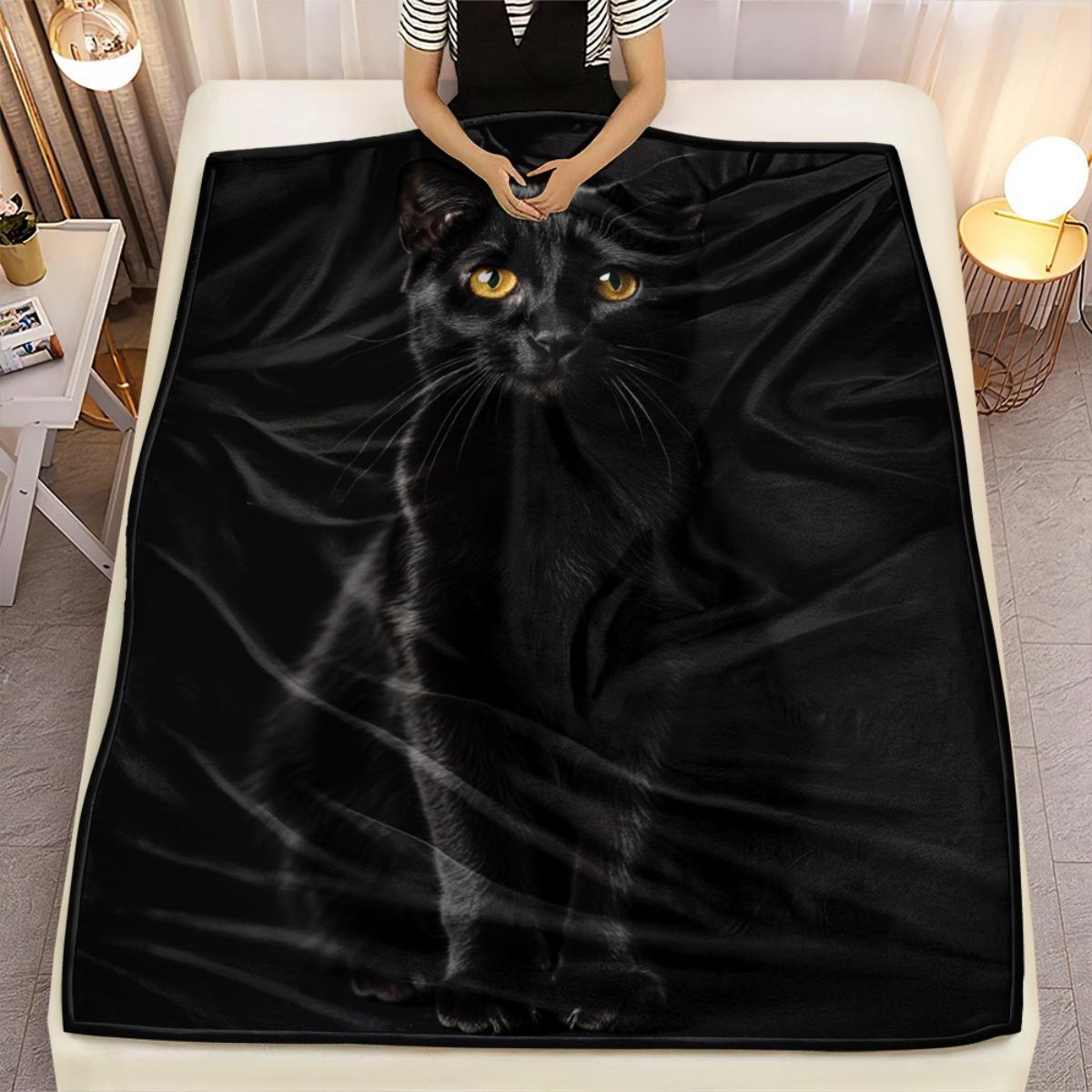 Black Cat Pattern Blanket - Soft and Lightweight Flannel Sofa Bed Cover, Four Seasons Universal Living Room Camping Travel Comfort Blanket - Modern Home Decoration Gift (Dark Background), Cat Design