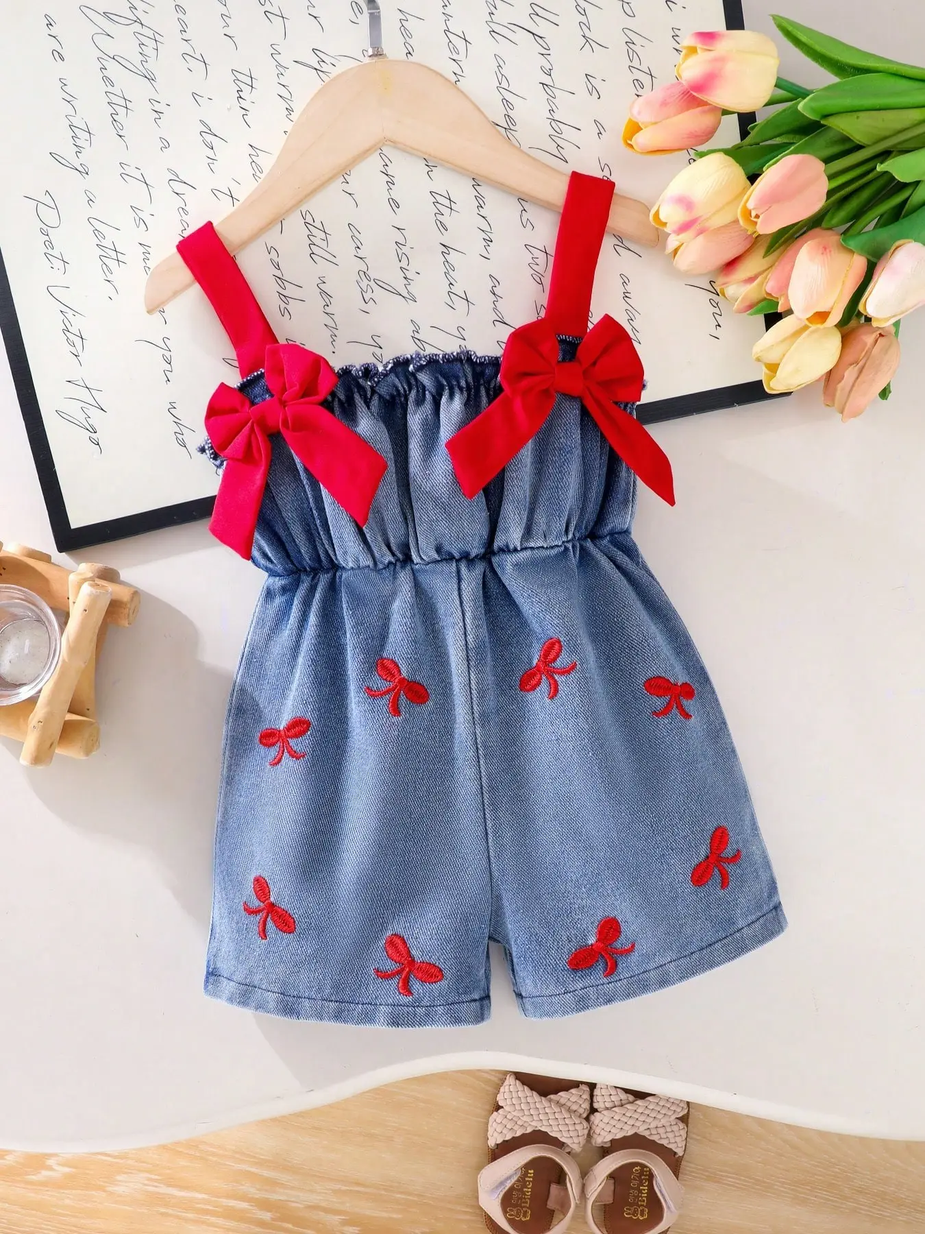 Girls' Cute Summer Butterfly Knot Embroidery 3D Dual Bow Patchwork Colorblock Waist Halter Denim Romper Shorts Baby Clothes Baby Clothing Girl Toddler Overalls Shorts