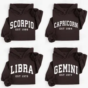 (LEAVE A NOTE or DM SHOP) Custom Zodiac Hoodie with Est Year - Dark Chocolate, Cute Horoscope Astrology Graphic Hoodie, Unisex Crewneck Hoodie, Personalized Zodiac Energy Gift for Birthday, Star Sign Lovers, Celestial Hoodie - AL