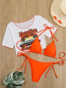 Women's Stylish Sexy Bikini Three-Piece Swimwear Set, Beach Tie Two-Piece Swimsuit for Summer Fun, Ladies Fashion Swimwear, Spaghetti Strap Bikini