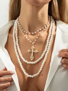 Women Boho Faux Pearl Layered Necklace Set, Vintage Cross Pendant Jewelry Gift, All-Seasons Fashion Accessory, Layered Pendants