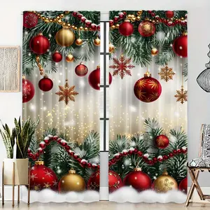 2 pieces, Christmas ball printed curtains, Christmas pine branch decoration, pole pocket style, semi sunshade polyester fiber, suitable for home living room, bedroom, balcony, kitchen, study and caf é holiday window decoration, easy to clean.