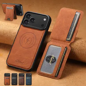 2in1 Removable Leather Card Wallet & Phone Case for iPhone 17 Pro Max 17 Air 16/15/14/13/12 Pro Max ,Waterproof Cow Hide Flip Stand Cover with MagSafe Wireless Charging Compatible