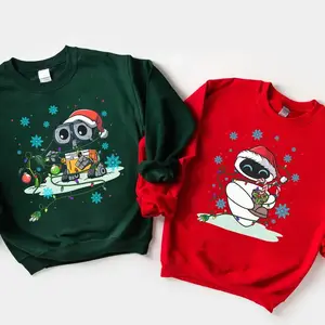 Couple Santa Wall-E and EVE Christmas Lights Sweatshirt, Merry Xmas Party Matching Tee, Couple Christmas Matching Sweatshirt, Festive Couples Winter Pullover Set, Cozy Xmas Gift for Movie Lovers, Unisex Cartoon Robot Christmas Outfit for Him and Her