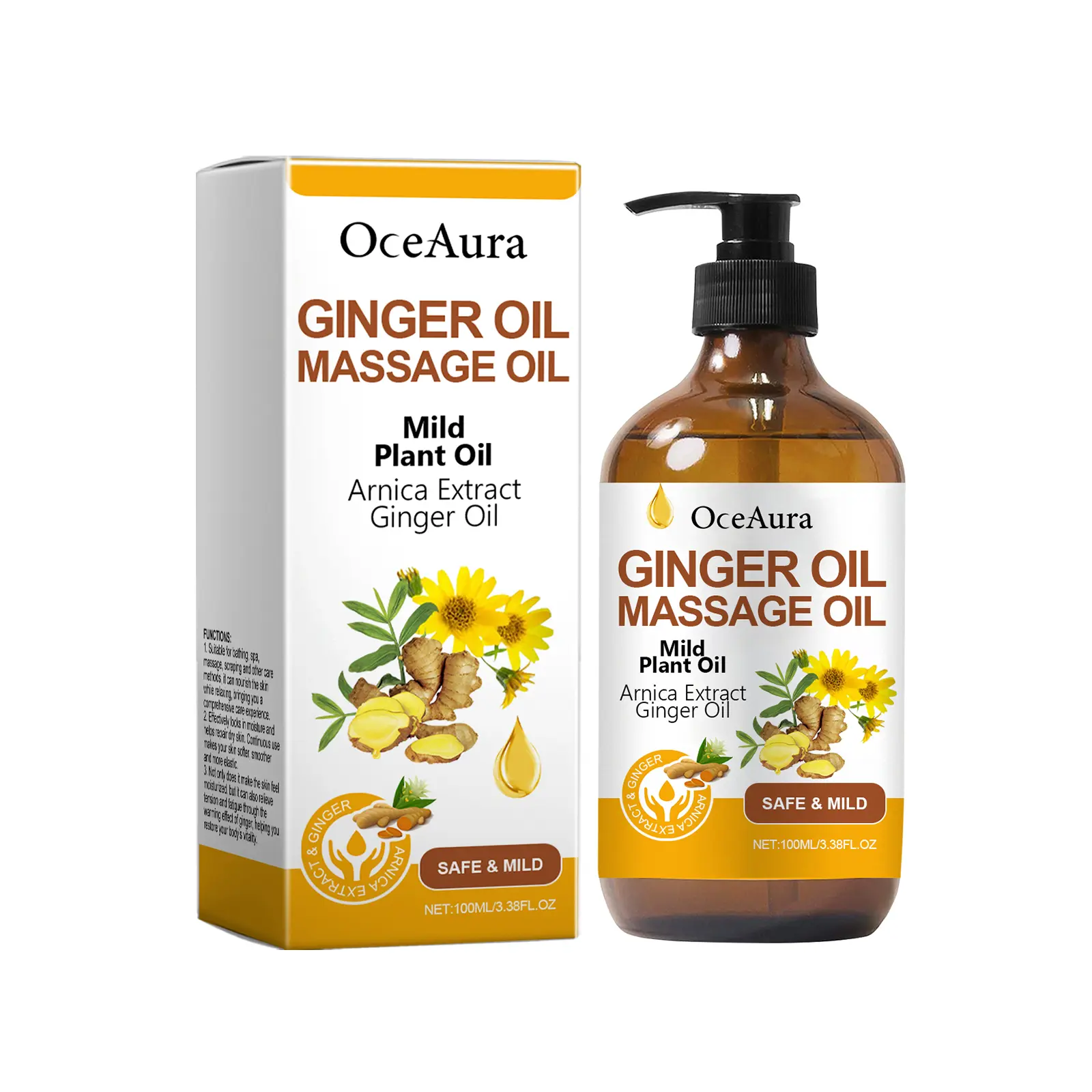 OceAura Ginger Massage Essential Oil 100ml with Glycerin & Vitamin E for Skin Vitality & Glow Daily Body Care Fragrance