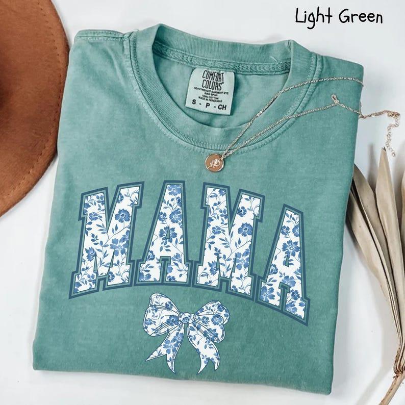 Comfort Colors® Mama Shirt, Mothers Day Gift, Girly Aesthetic Gift For Mom, Cute Mom Shirt, Bow Shirt, Chinoiserie Shirt