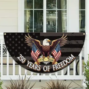 250 Years Of Freedom Patriotic Polyester Bunting Flag, America 250th Birthday Semicircular Flag Banner 1776–2026 Patriotic Bunting, USA Independence Day Porch Decor Flag, Fourth Of July Patriotic Half Fan Flag Decoration For Porch Fence Yard