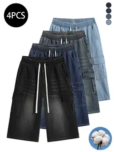 4-pack men’s summer jeans, loose cargo 7/8 denim pants, high cotton content, moisture-wicking and breathable to prevent sweating, retro street style versatile men’s pants