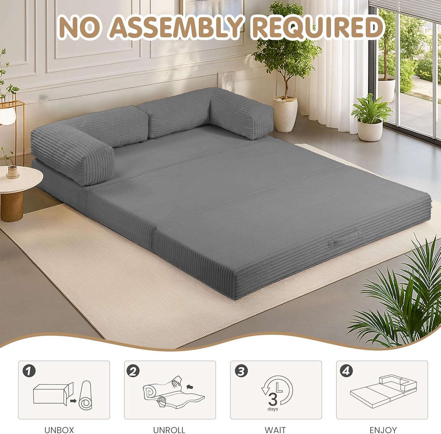 Winzoo 5-in-1 Convertible Sofa Bed,Boneless Couch Tri Folding Floor Mattress with Removable L-Shaped Armrests & Handle,Corduroy Futon Couch Sleeper with Pull Out Bed for Living Room Bedroom Apartment