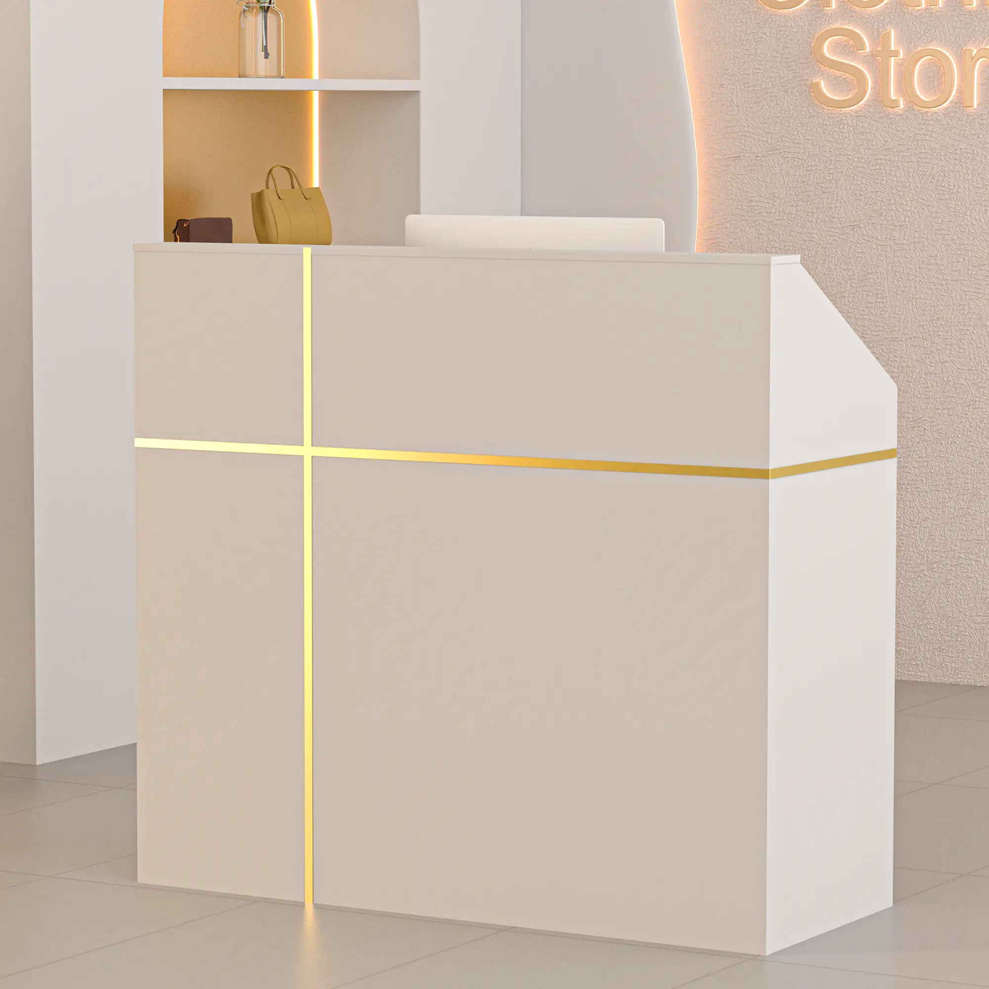 AHB 48-In Rectangular Commercial Office Reception Desk - Minimalist Modern Computer Workstations with Counter, Lockers, Storage Shelves, DIY Stripe for Lobbies, Salons