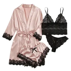 New European and American Ladies Pajamas 4-Piece Set Lei Sling Pajamas Women's Summer Suit with Nightgown Nightdress Wholesale