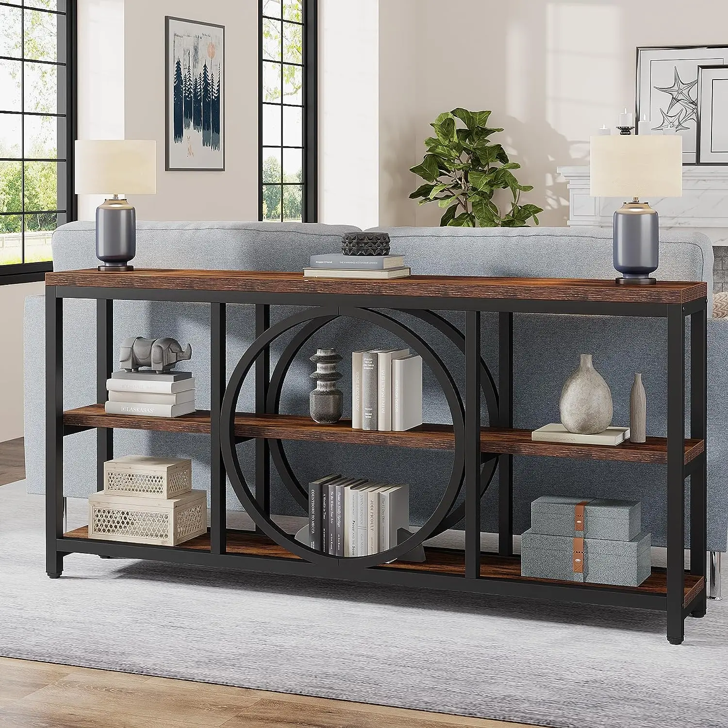 Tribesigns Extra Long Console Table, 70.9 inch Industrial Sofa Tables with 3 Tier Wood Storage Shelves and Metal Frame