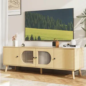 VOWNER TV Stand for 55/60/65 inches TV, Wood Media TV Cabinet with Glass Doors, Entertainment Center with Storage for Living Room, Bedroom, Oak