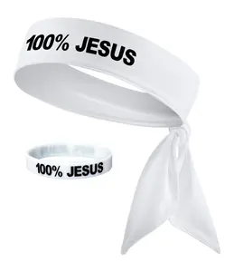 100% Jesus Sports Head Tie Headband & Silicone Wristband Soccer Fútbol Football White Black Athletics Fitness Stretch Sweatband Bandana Men's Women's Teens Youth Sweat Band Head Tie Back