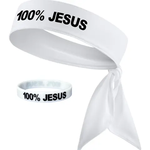 100% Jesus Sports Head Tie Headband & Silicone Wristband Soccer Fútbol Football White Black Athletics Fitness Stretch Sweatband Bandana Men's Women's Teens Youth Sweat Band Head Tie Back