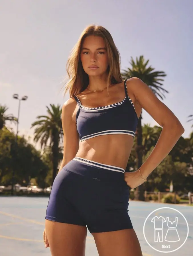 Contrast Stripe Scoop Neck Crop Top High Waisted Bodycon Fit Workout Sets Women Summer Clothes Gym Biker Shorts