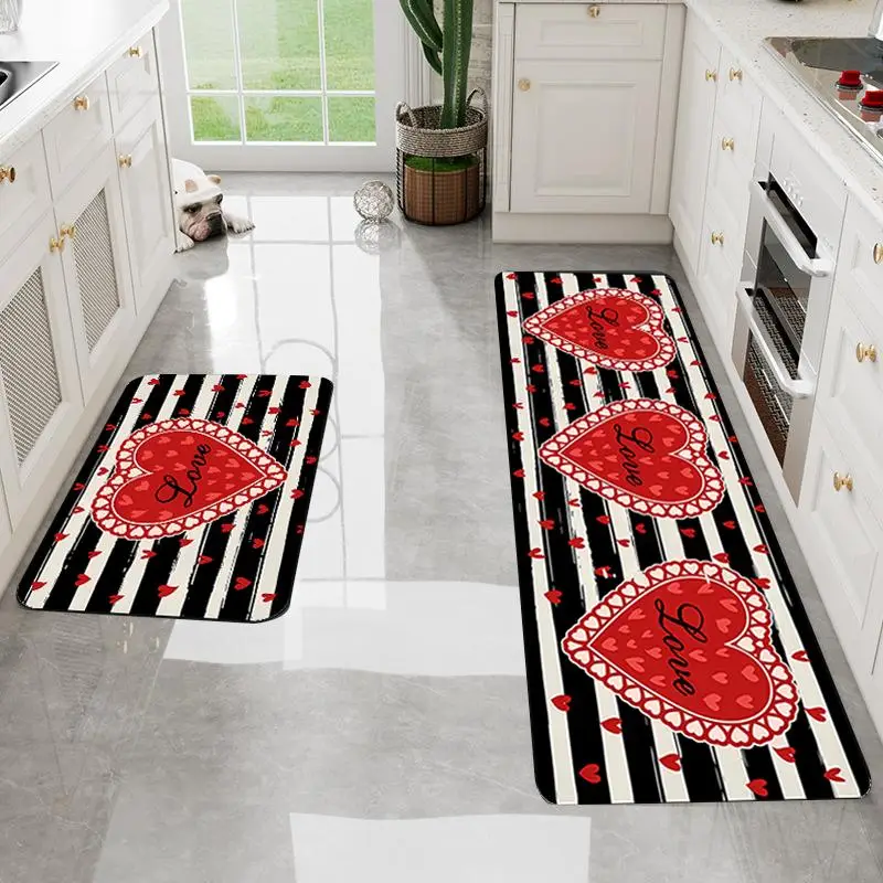 Heart & Letter & Striped Print Kitchen Mat, 1 Count Home Decor Non Slip Floor Mat, Decorative Area Rug for Home Kitchen Living Room Bedroom