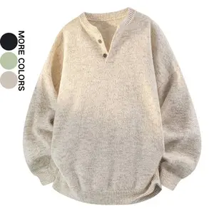 Men's Henry Collar Buttoned Sweater Simple Solid Color Loose Knitwear Versatile Everyday Top for Autumn and Winter Medium
