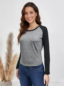 Women's Warm Thermal Underwear Top, Round Neck Long Sleeve Colorblock Drop Shoulder Fitted Shirt, Fall Winter Basic Layering Tee