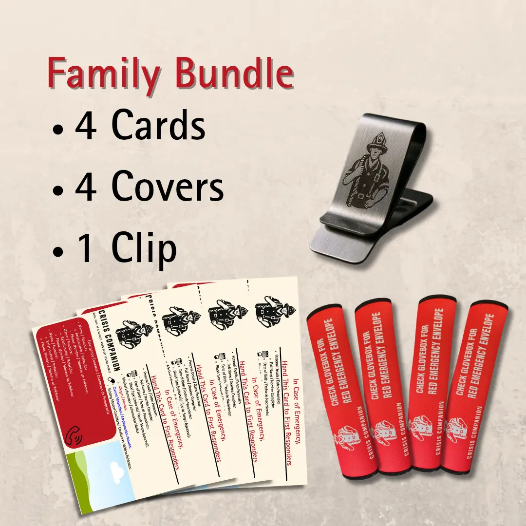 Crisis Companion Family Vehicle Safety Bundle (4-Pack) | 4 Emergency Cards + Seatbelt Covers + Money Clip | Complete Car Safety Kit