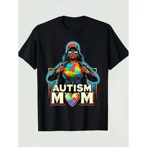 Women's Autism Awareness Mama T-Shirt - Black Casual Tee with Vibrant "AUTISM MOM" Graphic Design, Short Sleeve, Round Neck, 180g/㎡, Perfect for Moms & Allies, Awareness Clothing | Round Neck Tshirt | Durable Print Top