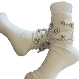 White Slouch Socks with Embellished Anklet and Rhinestone Accents for Stylish Comfort
