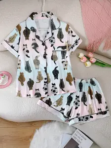 Women's Sleepwear Set, Collared Short Sleeve Cardigan & Loose Elastic Shorts, Cartoon Animal Cat Full Print, All Seasons, Casual Home Wear, Loungewear, Pajama Set, Pyjamas