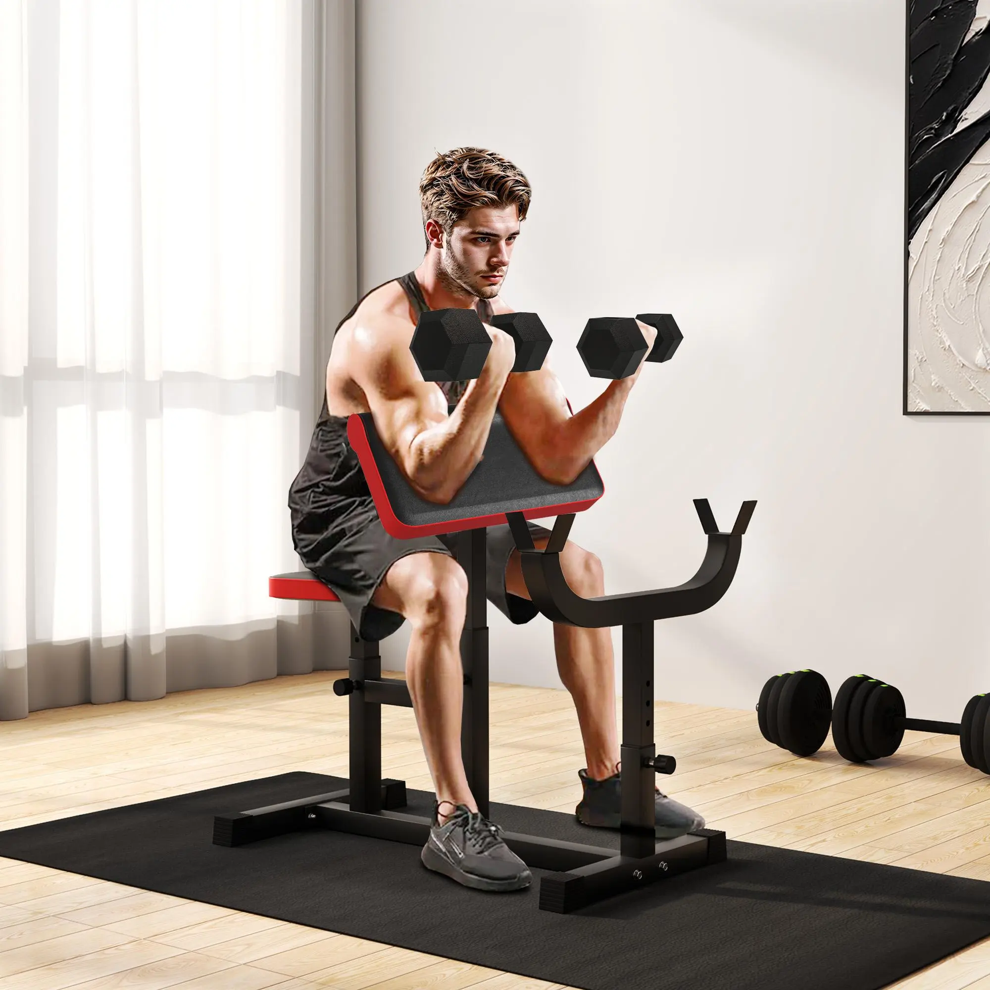 265 LBS Preacher Curl Bench for Strength Training, Adjustable Seated Arm Isolated Barbell Dumbbell Bicep Station, Black
