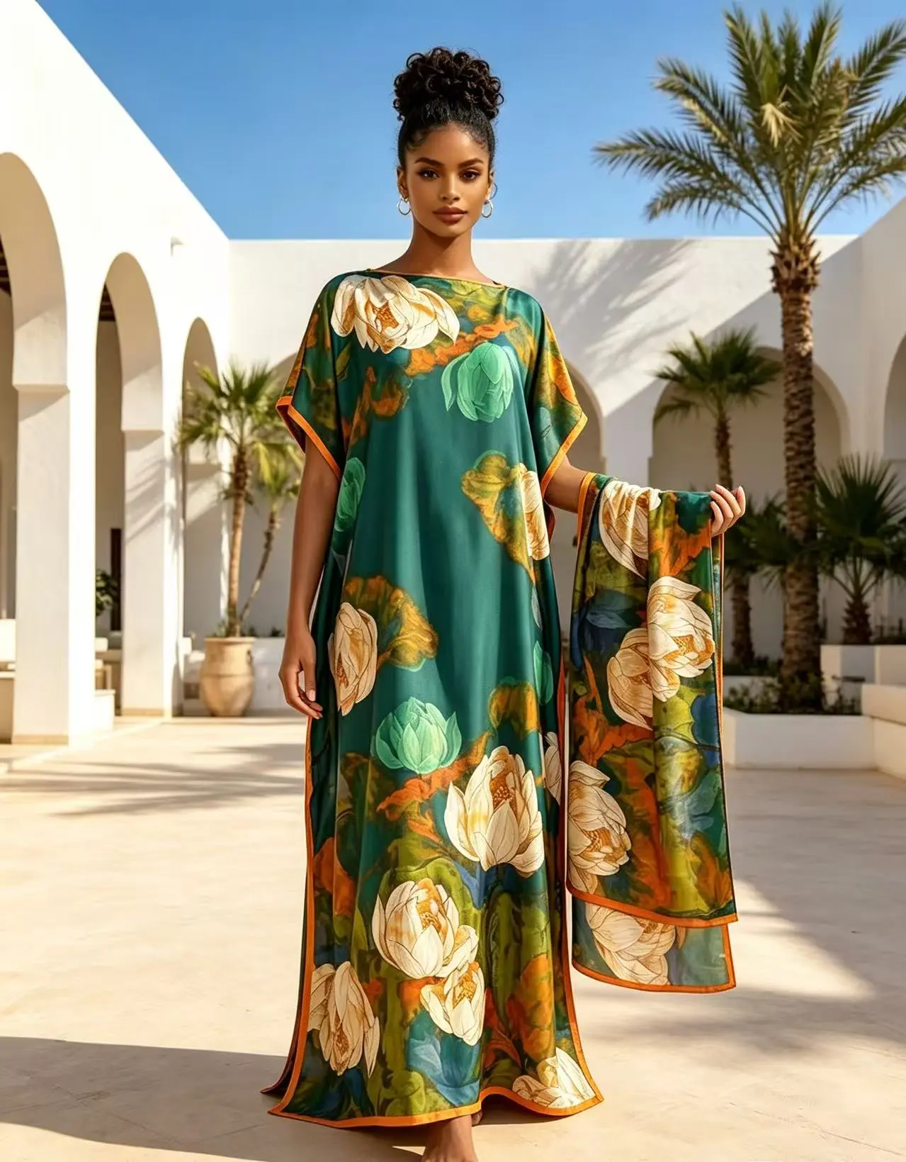 2026 New Women's 2 Piece Multicolor Geometric Print Kaftan Maxi Dress with Matching Scarf, Silky Loose Satin Robe, Plus Size Friendly, Beach Cover Up, Casual Wear, Resort Vacation & Evening Pa  Silky rty Wear,  # moo moo and scarf set  shawl  head wrap