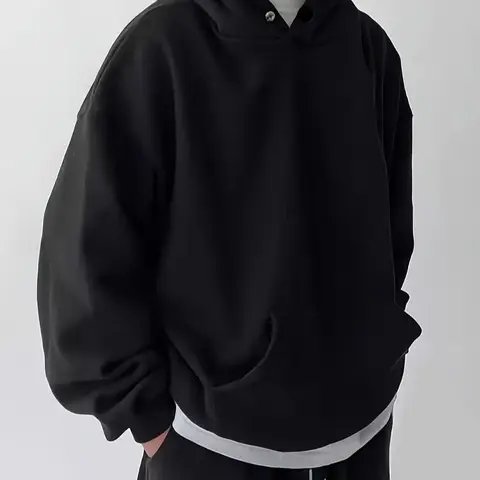 Men's Black Casual Minimal Hooded Long Sleeve Loose Sweatshirt - Spring Autumn Winter Vintage Washed Unisex
