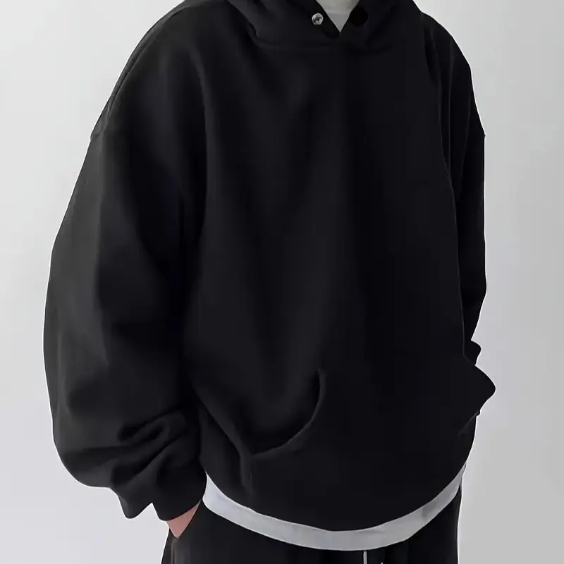 Men's Black Casual Minimal Hooded Long Sleeve Loose Sweatshirt - Spring Autumn Winter Vintage Washed Unisex
