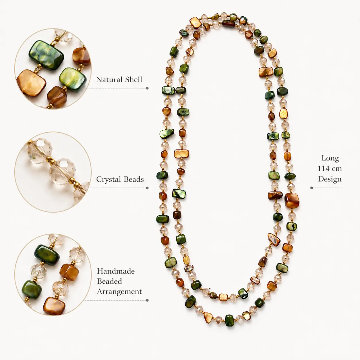 Organic Shell & Crystal Beaded Necklace for Women, Multi-Strand Boho Jewelry with Bling Effect for Daily Layering, Meaningful Gifts, Trendy Necklace, Fashion Accessory Necklace