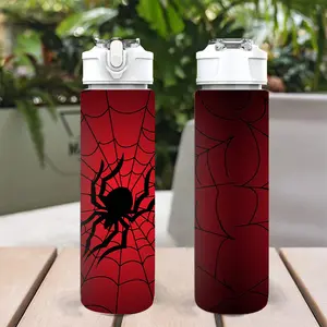 1pc 750ml/26oz Plastic Sports Water Bottle, Red Spider Web with Black Spiders Cute Print Design, Leakproof Pop-Up Lid Lightweight & Durable Large Capacity Reusable for Home Gym Office Running, Ideal Gift Birthday Christmas Halloween Thanksgiving