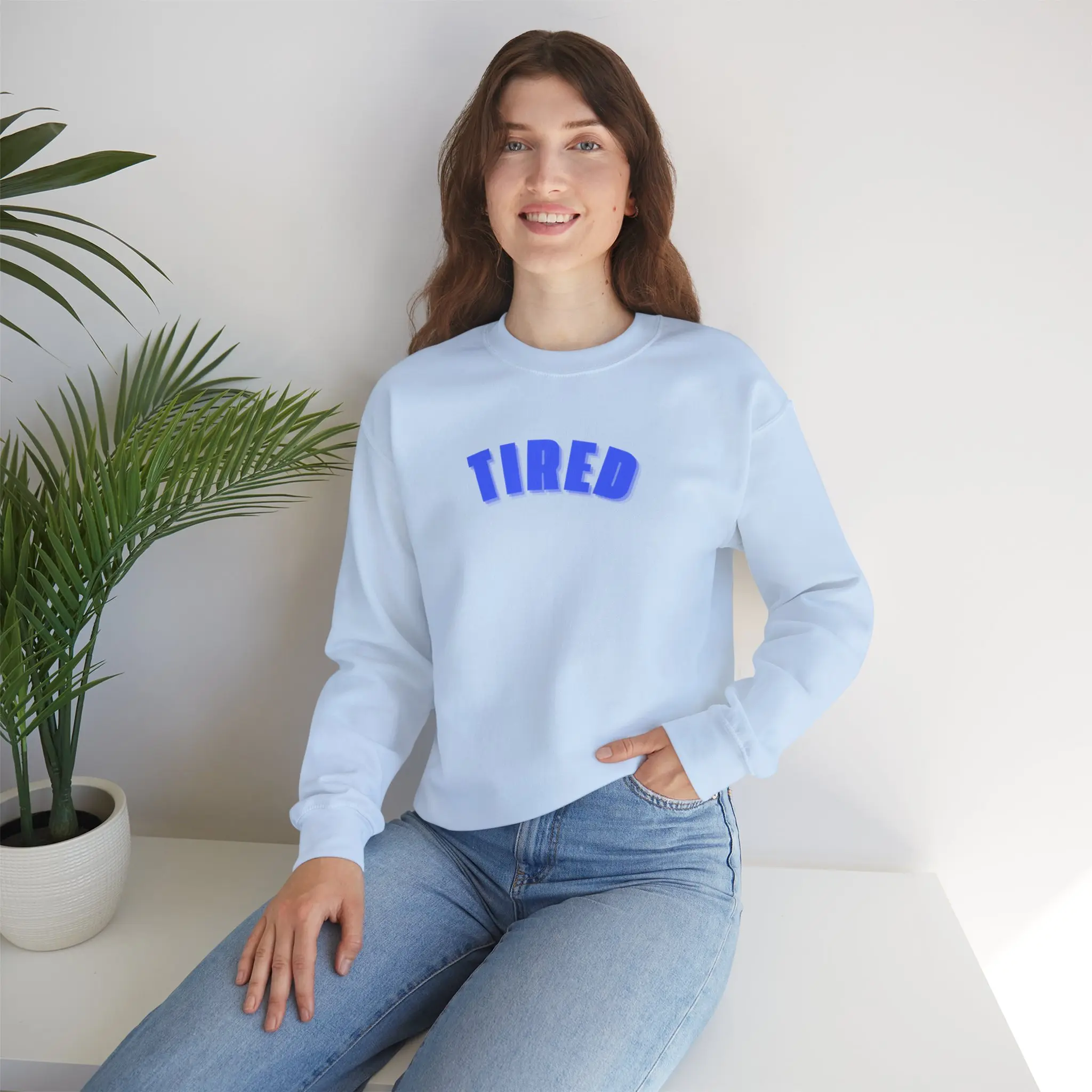 TIRED Sweater Crewneck, Womens Sweater, Cozy Fit Crewneck, Y2K Funny Mom Sweater, Warm Fashion Apparel Cotton