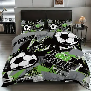 3pc football graffiti bedding set, Soccer themed bedding set, Soccer print bedding set, including 1 duvet cover and 2 pillowcases, available in multiple sizes, perfect for bedrooms, dormitories