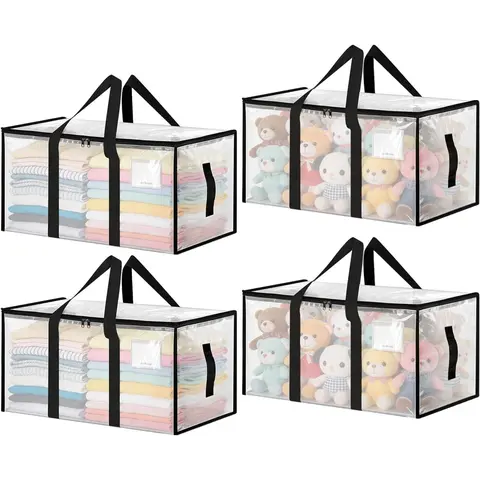 Large Moving Bags 4 Pack Heavy Duty Storage Bags with Reinforced Zipper and Wide Handles, Fold Flat Storage Totes with Tag Pocket, Idea for Space Saving, Alternative to Moving Box (88L, Clear)