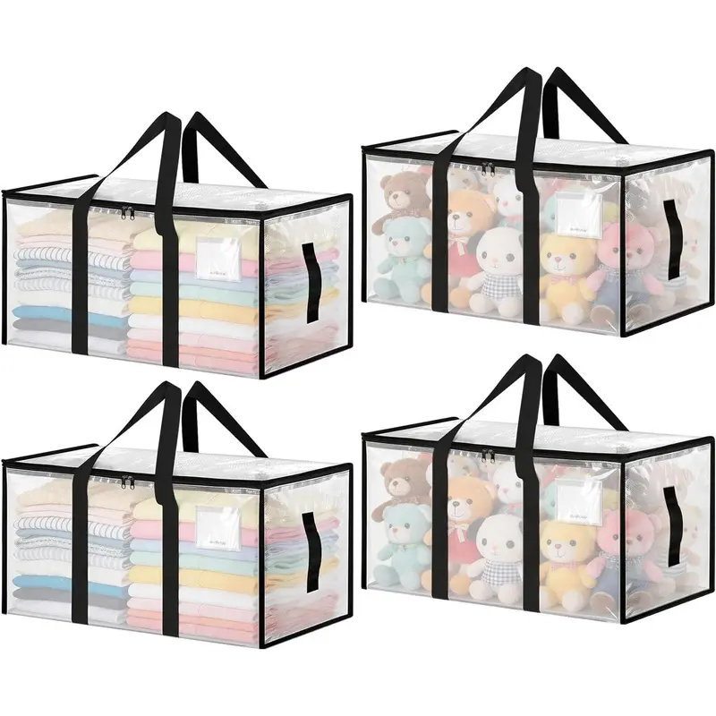 Large Moving Bags 4 Pack Heavy Duty Storage Bags with Reinforced Zipper and Wide Handles, Fold Flat Storage Totes with Tag Pocket, Idea for Space Saving, Alternative to Moving Box (88L, Clear)