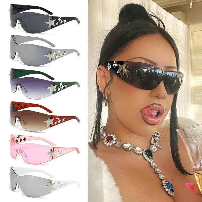 Rimless Y2K Sunglasses for Women and Men Star Wrap around Sun Glasses Trendy Cool Black Sunglasses Fashion Shades for Outdoor NONE