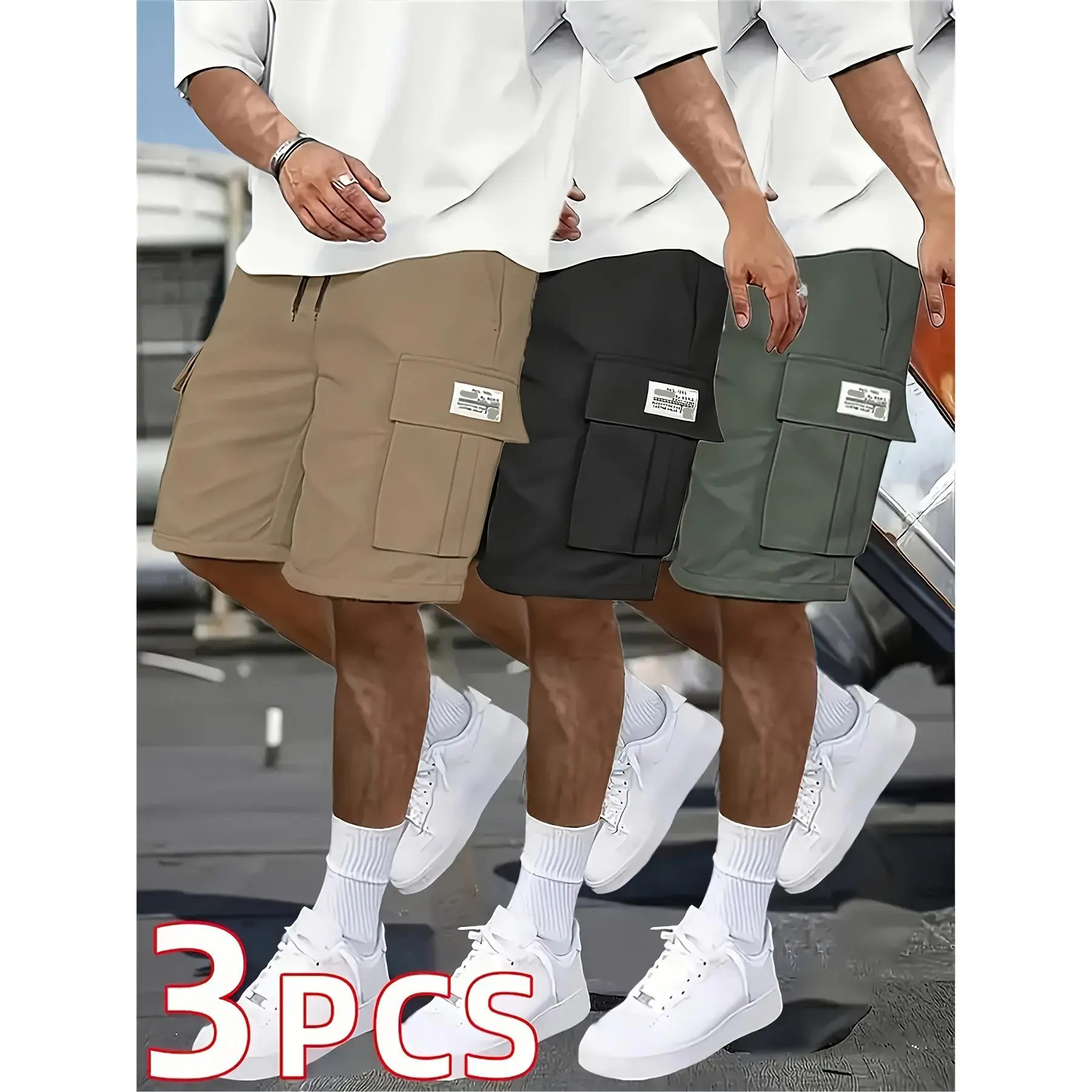 Menswear Men's Cargo Shorts 3-Pack - Mid-Thigh Length (Not Past Knee), Non-Stretch Wear-Resistant Tear-Resistant Fabric, Adjustable Waistband, Plain Clothes with Cargo Pockets for Summer, Baggy Cargo Style Men's Shorts