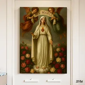 2D Flat Immaculate Heart of Mary Religious-Themed Wall Decor, Solid Wood Framed Waterproof Canvas Print with Golden Halo & Rosary, Decorative Catholic Icon, Home Prayer Room Decor, Easy Install HD Christian Gift, 1 Piece Religious Decorations, Religious-T