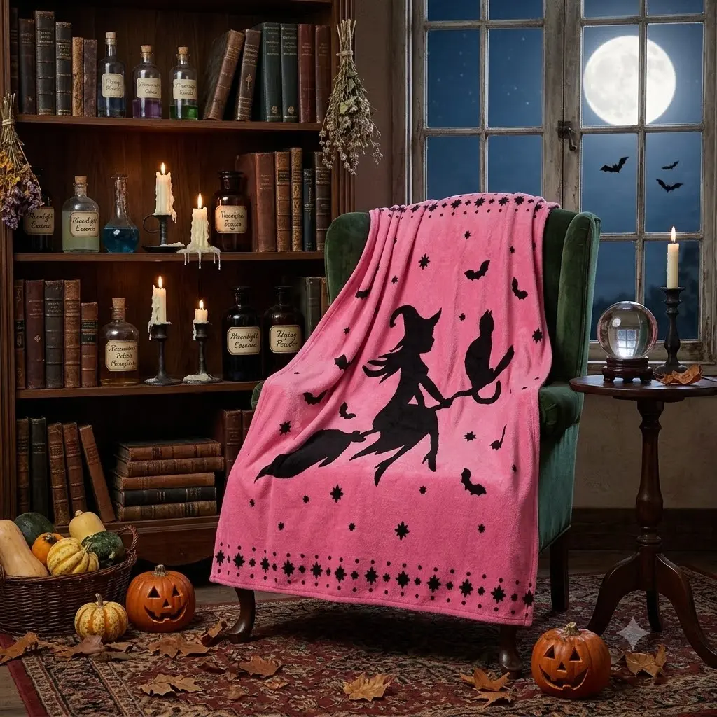 Hot Pink Black Witch Silhouette Halloween Flannel Throw Blanket, Cute Girly Bat Star Cat On Broomstick Soft Fleece Bed Cover, Pastel Spooky Season Cozy Couch Blanket, Unique Pink Halloween Gift For Teen Girls Witch Lovers