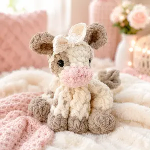 Handmade Crochet Baby Cow Lovey - Mini Highland Cow Plush, Cottagecore Snuggler, DIY Knitting Crochet Yarn Craft Baby Gift