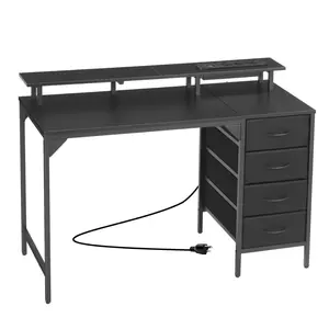 47" Computer Desk With LED Lights & Power Outlets, Gaming Table With 4 Large Drawers, Office Desk With Monitor Stand, Study Work Home Office, Small Spaces, Black