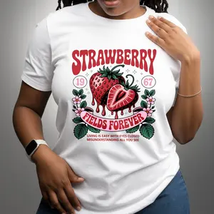 Women's White T Shirt "Strawberry Fields Forever" Retro 1967 Psychedelic Graphic Short Sleeve Casual Tops for Beatles Fans & Vintage Lovers 2026 Gift oversized tshirt women