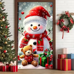 1pc Christmas banner with snowman and Teddy bear design, suitable for indoor and outdoor Christmas decoration, outdoor lawn, polyester material, courtyard and garden decoration, photography studio shooting props