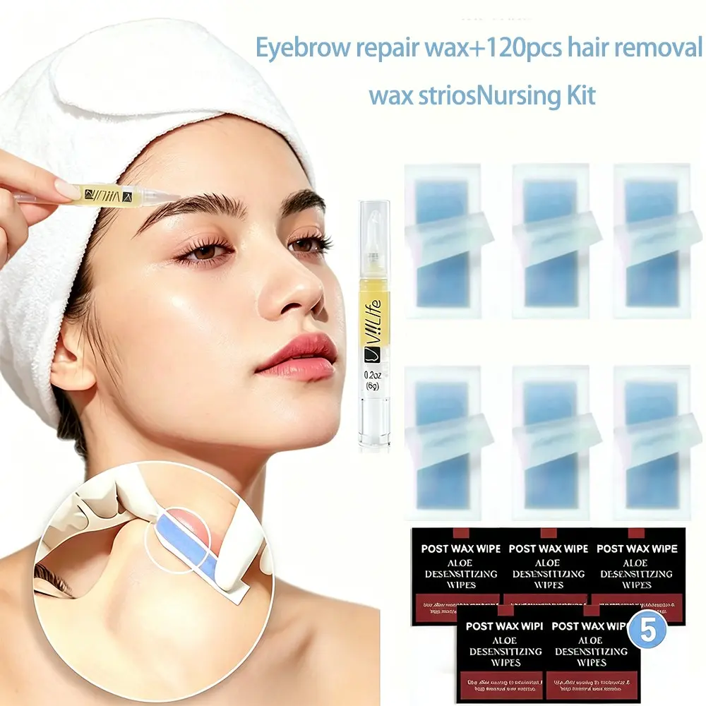 Ocean Blue Dual-Sided Hair Removal Wax Strips 120pcs, Includes 1 Brow Wax & 5 Oil Pads, Home Use for Face, Brows, Arms, Legs