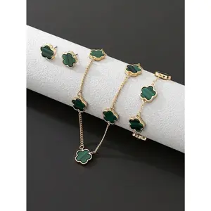 1pc Simple & Classic Lucky Four-Leaf Clover Pendant Necklace, 1pc Bracelet And 1pair Earrings Women's Jewelry Set Valentines,Mom,Mother,Mother's Day,Gift