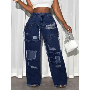 Plus Size Women Street Casual Ripped Denim Jeans,Fall Clothes For Women Fabric Fit