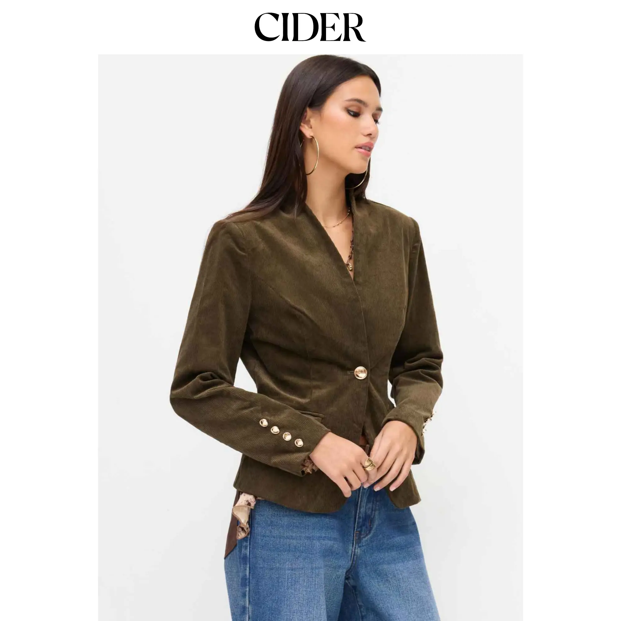 Cider Women's Chic Corduroy Blazer, Elegant Long Sleeve Suit with Stand Collar, Everyday Clothes with Metal Buttons, Casual
