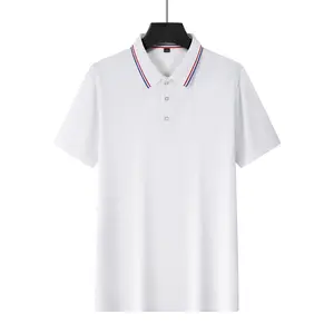 Mens Summer Polo Shirt Short Sleeve Collared Casual Polo Printed Detail Slim Fit Breathable White Polo Red Blue Trim Collar Golf Casual Polo Versatile Everyday Wear Essential Top